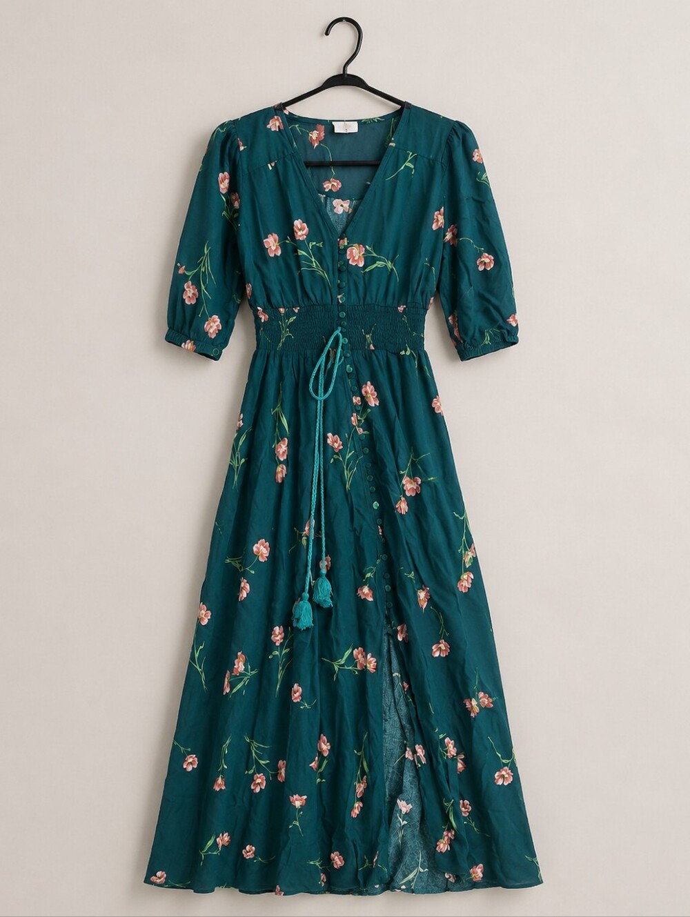 Jaase Teal Floral Boho Maxi Dress Smocked Waist High Low Hem Small - Picture 2 of 16